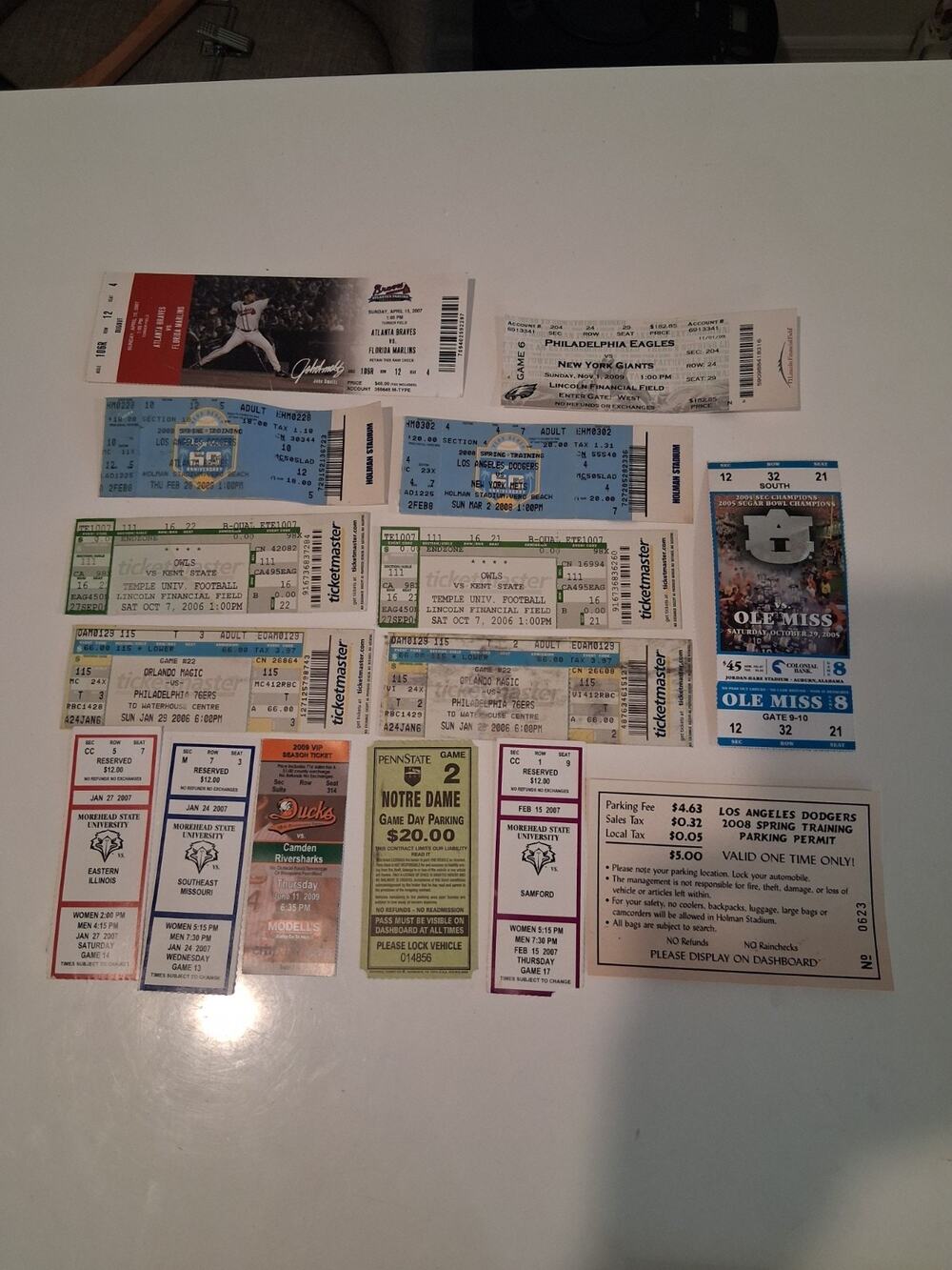 Vintage Sports Ticket Stub Lot 2005-2009 NFL Eagles Giants MLB Dodgers NCAA